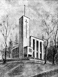Grayscale sketch of the new church by E. Corjus