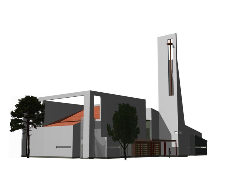 Indrek Allmani värviline kolmemõõtmeline uue kiriku eskiis, vaade loodest, puudega.